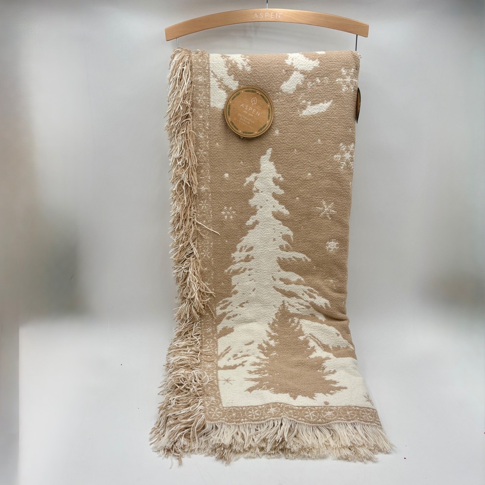 Aspen Decorative Christmas Throw Blanket Neutral Tan Cream Trees Deer Cabin
